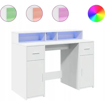 Psací stůl s RGB LED osvětlením, policemi a zásuvkami, bílý, 120x55x91 cm