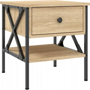 Noční stolek Industriální noční stolek z materiálu na bázi dřeva, železný rám, dub