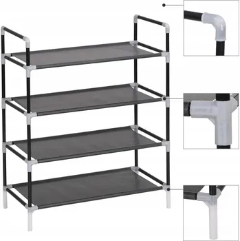 Botník Minimalistický stojan na boty, 4 police, černý, 60x29x67 cm, kov/textil