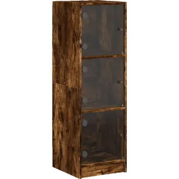Komoda Vysoká skříňka s prosklenými dvířky, kouřový dub, 35x37x109 cm