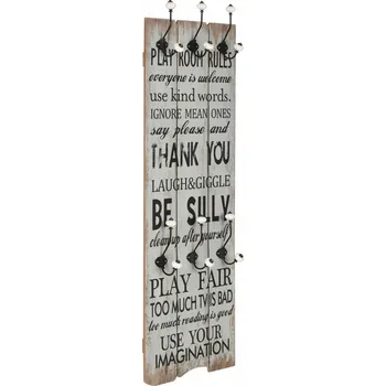 Věšák Nástěnný věšák s potiskem "Play room rules", 40x120 cm, černo-bílý