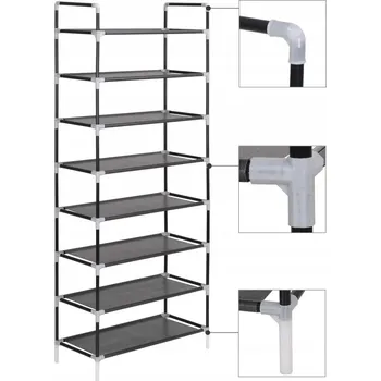 Botník Stojan na boty s 8 policemi, kov/plast/netkaná textilie, 60x29,5x134 cm, černý