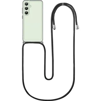 Pouzdro na mobilní telefon Kryt Samsung S24 FE s černou šňůrkou průhledný (obal neboli pouzdro na Samsung S24 FE)