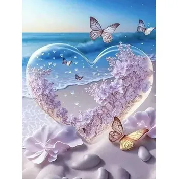 Diamantové malování Diamond painting/HOMFUN - Srdce s jemnými růžovými kvítky na pláži