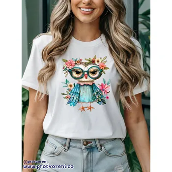 Trička s potiskem Tričko s potiskem,PANÍ - SOVA S BRÝLEMI, 1 ks zvolte VELIKOST textilu ZDE:: XS - velikost typ Beagle