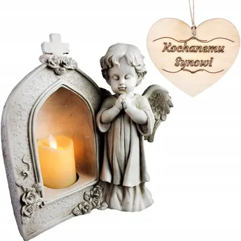 Smuteční dekorace Anděl strážný S KAPLEM A LED SVÍČKOU HŘBITOVNÍ SVÍČKA NA HROB PRO SYNA