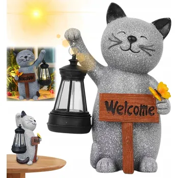Zahradní dekorace Zahradní Dekorace Kočka s Vítací Tabulkou Solární Lampa Na Terasu