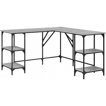 Počítačový stůl ve ve tvaru písmene L s policemi, šedý dub Sonoma