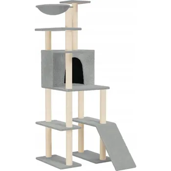 Multifunkční škrabadlo pro kočky s domečkem a houpací sítí, světle šedé, 80x60x16 cm