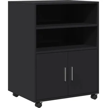 regál Mobilní skříňka na kolečkách s policemi a dvířky, černá, 60 x 48 x 81 cm