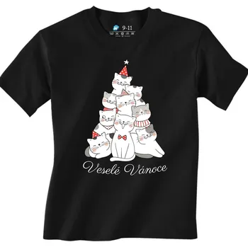 Chlapecké tričko Dětské tričko Kočičí Stromek Veselé Vánoce (Velikost: 12-13, Barva: Černá)