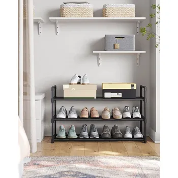 Botník 3patrový kovový stojan na boty černý | 30 x 92 x 54 cm