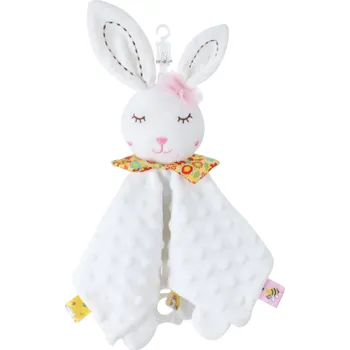 Bílý zajíček dětské chrastítko s kousátkem a háčkem na zavěšení, rozměr 28x28 cm, ideální pro uklidnění a rozvoj smyslů