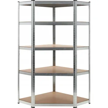 Dílenský regál Rohová police s nastavitelnými policemi, ocel-dřevěný materiál, stříbrná, 90x90 cm