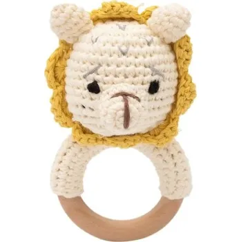 Dětské háčkované chrastítko s dřevěným kroužkem na uchycení, lev, ideální pro rozvoj motoriky a sluchu