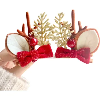 Vánoční dekorace Vánoční sponky do vlasů Sobí parohy se zlatými větvičkami a červenou mašlí Elegantní doplněk pro Vánoční účes a sváteční oslavy