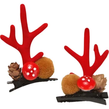 Vánoce Vánoční sponky do vlasů Sobí parohy s houbičkou, šiškou a hnědou bambulkou Stylový doplněk pro Vánoční účes a sváteční focení červená