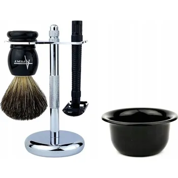 Štětka na holení Štětka na holení z jezevce, stojan, holicí strojek, miska na mýdlo