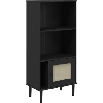 Knihovna Regál SENJA z masivního borovicového dřeva a polyratanu, černý, 60x35x130 cm