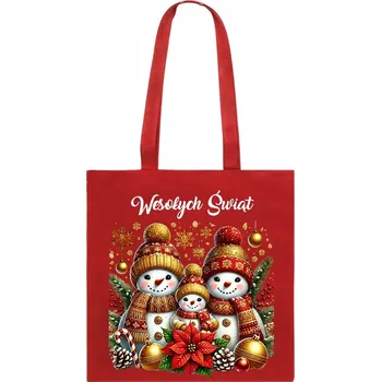 Obraz BAVLNĚNÁ TAŠKA červená s potiskem vánoční sněhuláci