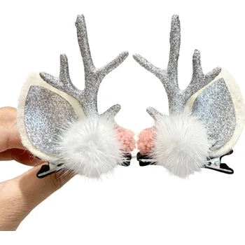 Vánoce Vánoční sponky do vlasů Zlaté sobí parohy s oušky a dvěma bílými bambulkami Elegantní doplněk pro Vánoční účes a sváteční období stříbrná