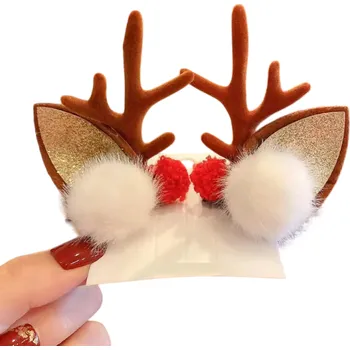 Vánoce Vánoční sponky do vlasů Sobí parohy se zlatými oušky a dvěma bambulkami Stylový doplněk pro Vánoční účes a zimní focení hnědá
