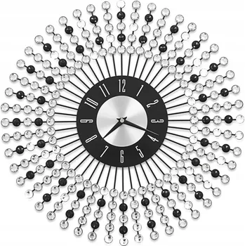 Hodiny Nástěnné hodiny kovové s křišťálovými detaily, Ø43 cm, černo-bílé