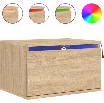 Noční stolek Závěsný Noční Stolek s RGB LED Osvětlením, Materiál na bázi dřeva, Dub S