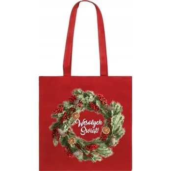 Obraz BAVLNĚNÁ TAŠKA červená s potiskem vánoční věnec