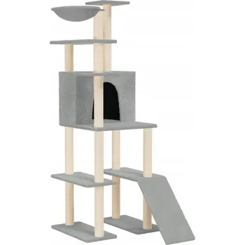 Multifunkční škrabadlo pro kočky s domečkem, houpací sítí a žebříkem, světle šedé
