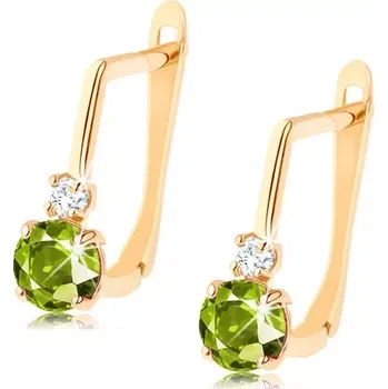 Náušnice Náušnice ze žlutého 14K zlata - zelený a čirý zirkon na oblé tyčince