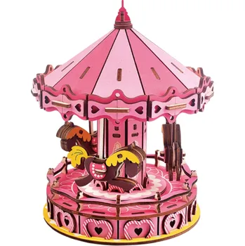 ostatní stavebnice 3D dřevěné puzzle Dětský kolotoč růžový 14,5 x 14,5 x 17,8 cm 177 dílků Laserem vyřezávaný model ze dřeva s tištěným 3D návodem Dekorace
