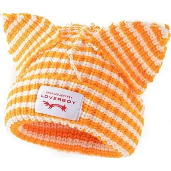 Čepice Zimní pruhovaná čepice Skullies s kočičími ušima Háčkovaný unisex klobouk 55–60 cm Teplá módní hip-hop čepice Kostýmní pletený klobouk Vánoční dárek oranžová