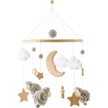 Hračka pro nejmenší Dětský závěsný kolotoč nad postýlku, motiv měsíce, hvězdiček, obláčků a oveček, dekorace na uklidnění, ideální pro spánek šedá