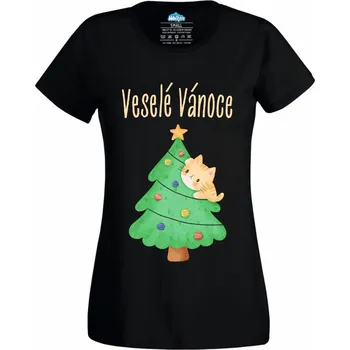 Dámské tričko Vánoční Kočka na Stromečku Veselé Vánoce (Velikost: 4XL, Barva: Černá)