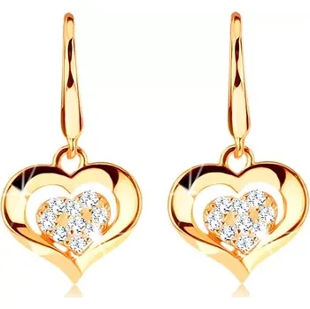 Náušnice Zlaté náušnice 585 - čiré třpytivé srdíčko v lesklém obrysu, háčky