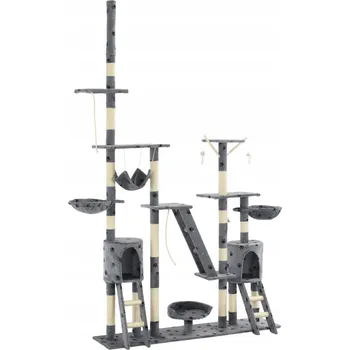 Škrabadlo pro kočky, víceúrovňové s domečky a houpací sítí, šedé s tlapkami, 147 cm
