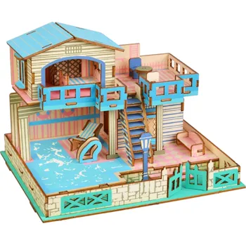 ostatní stavebnice 3D dřevěné puzzle Domek s bazénem 14,5 x 12 x 10,5 cm 96 dílků Laserem řezané model z přírodního dřeva Kreativní stavebnice DIY dekorace
