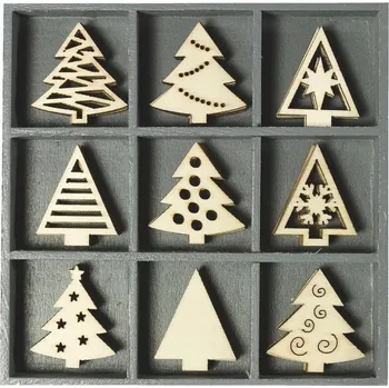 Vánoční dekorace Dřevěné ozdoby v boxu 45ks - stromky