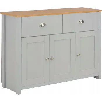 Konferenční stolek Konzolový stolek se 2 zásuvkami a 3 dvířky, šedá + dřevo, 112x35x81 cm