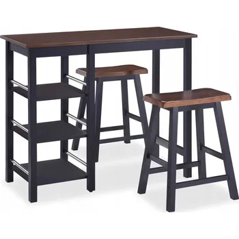 Jídelní set Barový Set s Poličkami, Stůl 108x48x90,8cm, 2 Stoličky 44,5x23x60cm, Černý