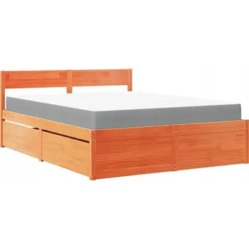 Postel Postel z masivního borovicového dřeva s matrací a zásuvkami, 205,5x165,5x78 cm