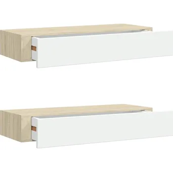 police Závěsná police s zásuvkou, MDF a kov, dub/bílá, 60x23.5x10 cm