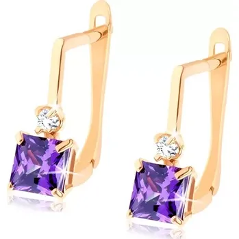 Náušnice Náušnice ze žlutého 14K zlata - zirkonek čiré barvy, fialový zirkonový čtverec