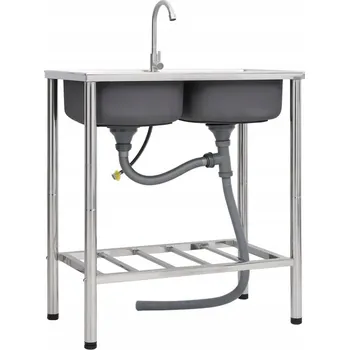 Nerezový dřez Kempingový dřez dvoudílný z nerezové oceli, stříbrný, 78x43x18