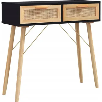 Konferenční stolek Konzolový stolek s ratanem a zásuvkami, borovicové dřevo, černý, 80x30x75 cm