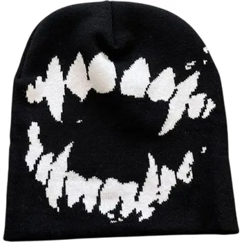 Čepice Pletená čepice Y2K Streetwear z polyesteru Černobílý Harajuku Kpop styl s motivem zubů Unisex teplá zimní hip hop Vintage módní čepice černá