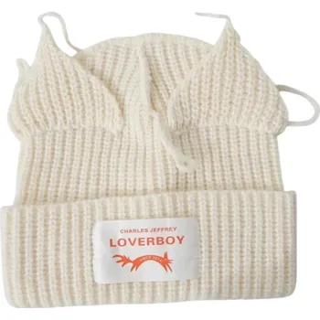 Čepice Zimní pletená čepice Skullies s kočičími ušima Háčkovaný unisex klobouk 55–60 cm Teplá módní hip-hop čepice Kostýmní zimní doplněk Vánoční dárek béžova