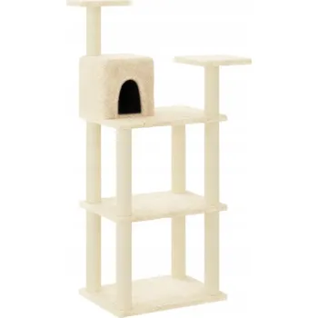 Škrabadlo pro kočky s domečkem, platformami a sisalovými sloupky, krémové, 6