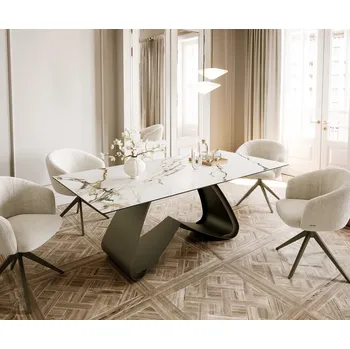 Jídelní stůl DELIFE Jídelní stůl Edge Boot 200x100 keramika Calacatta Luxe bílá-zlatá-šedá W-podnož kov efektová úprava titan